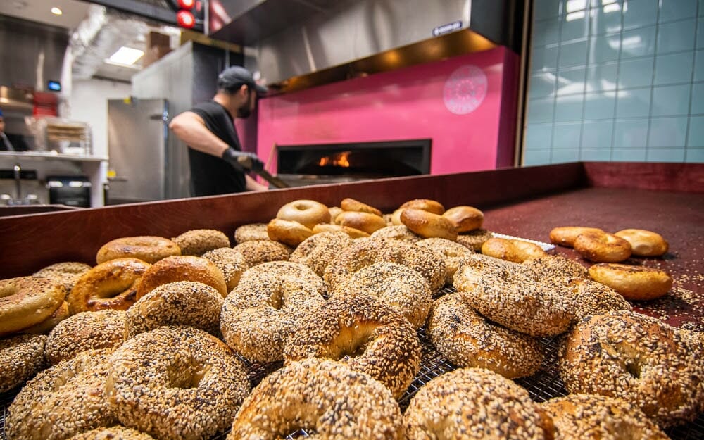 Batch of Fresh Bagels in front of bagel chef operating pink oven